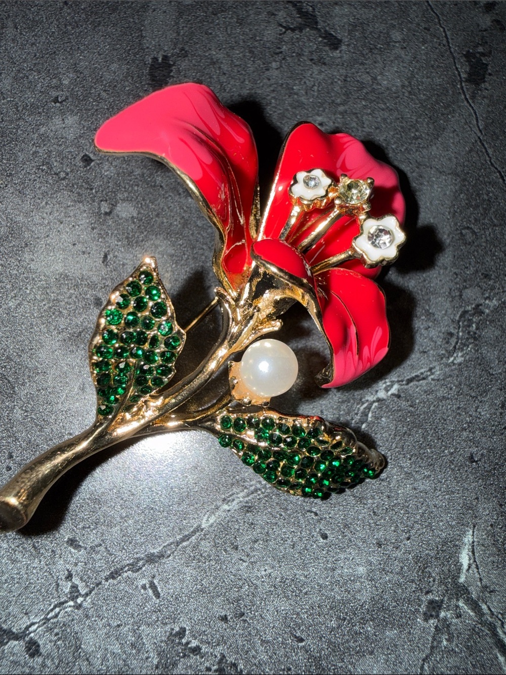Red Floral Pearl Accent Brooch - Women's Jewelry
